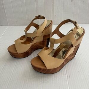 Womens Wood Platform Wedge Sandals 6 Beige T Strap Boho Retro Statement Heels
